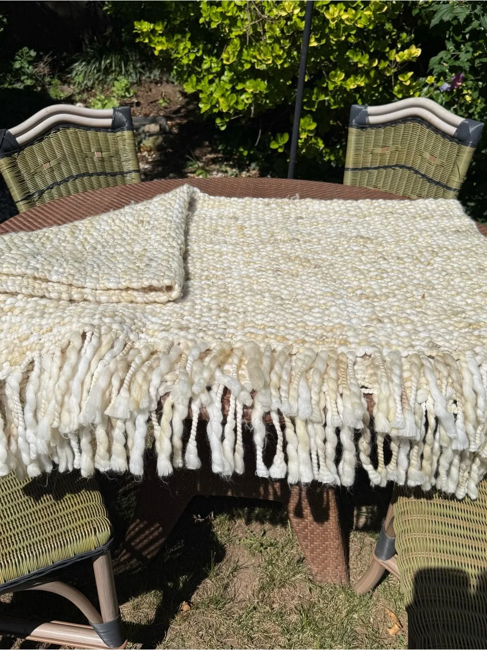 West Elm Marled Basketweave Throw 50x60 Cream Chunky Handwoven Fringe Blanket